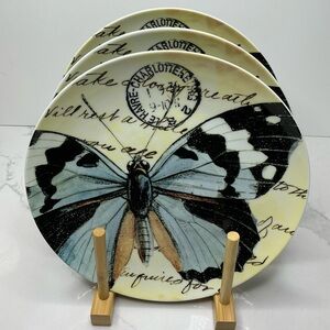 3 Pottery Barn Blue Butterfly Salad Dessert Plate Stamped 8.25" Preloved